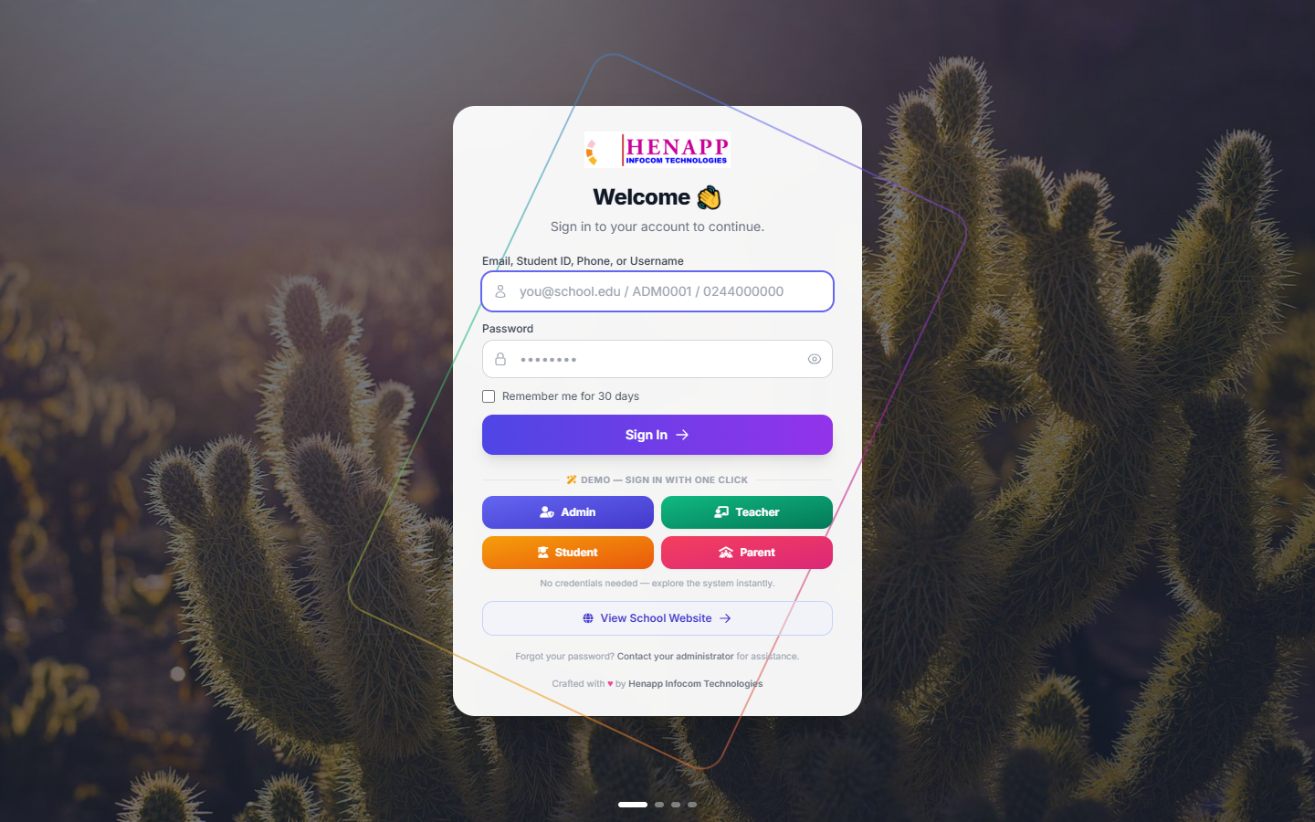 The Henapp Educare login page.