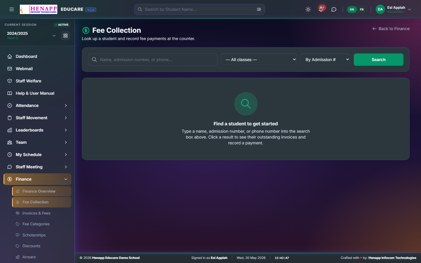 Fee Collection — record incoming payments.