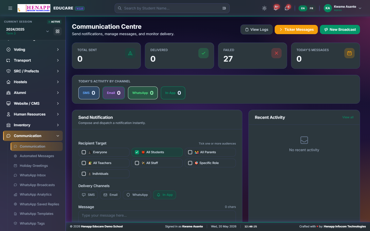 The Communication module — compose, inbox, automated messages.