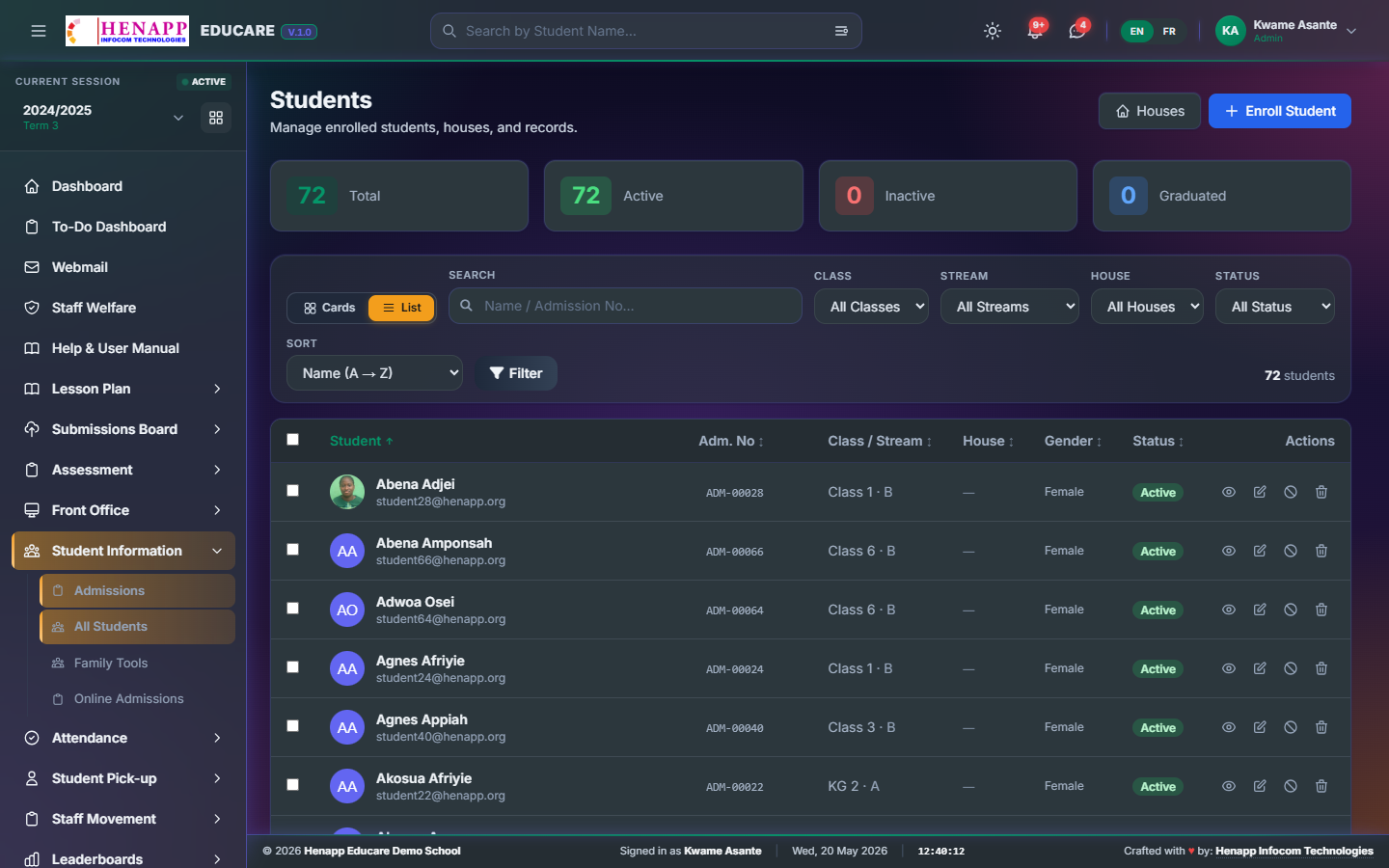 The Students list — search, filter, and open any record.