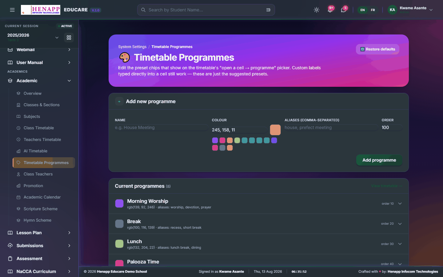 Timetable Programmes — Academic