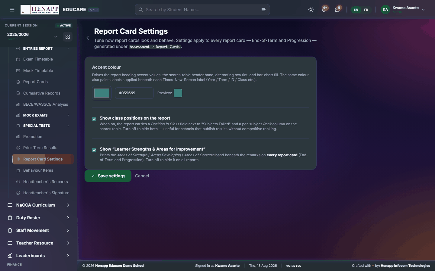 Report Card Settings — Assessment