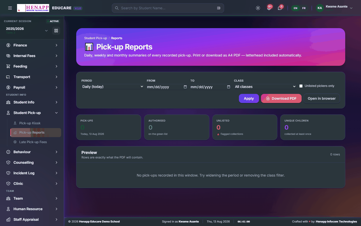 Pick-up Reports — Student Pick-up