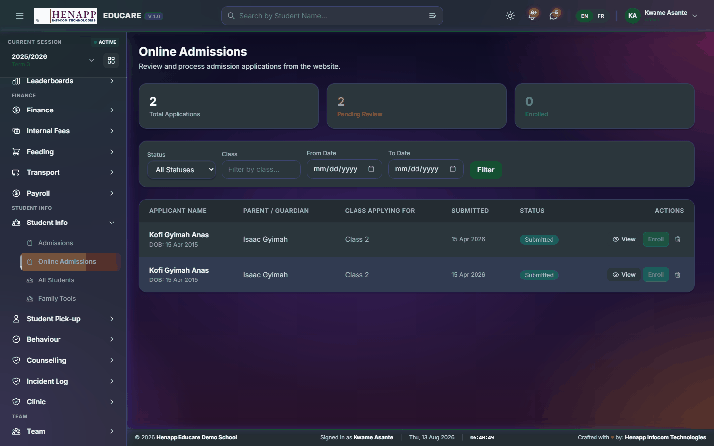 Online Admissions — Student Info