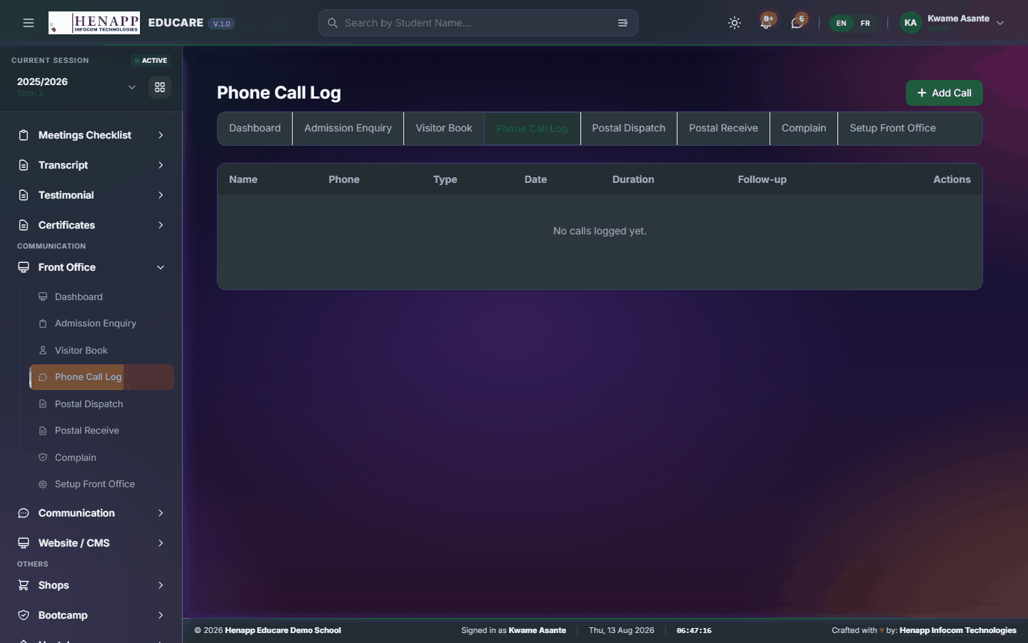 Phone Call Log — Front Office
