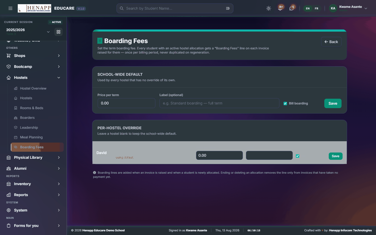 Boarding Fees — Hostels