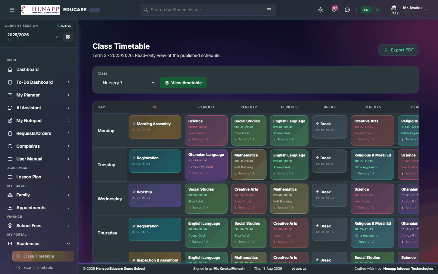 Class Timetable — Academics