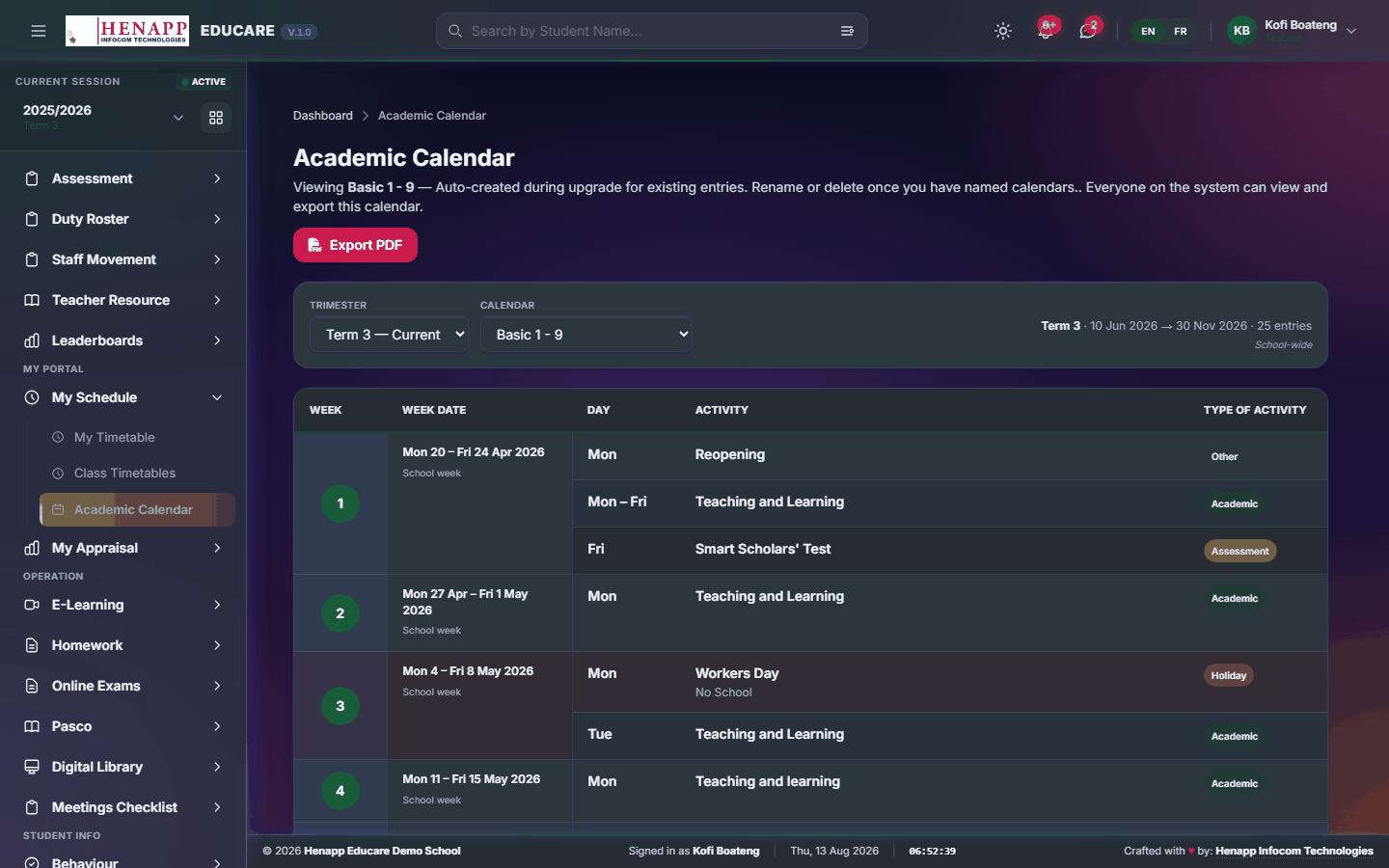 Academic Calendar — My Schedule