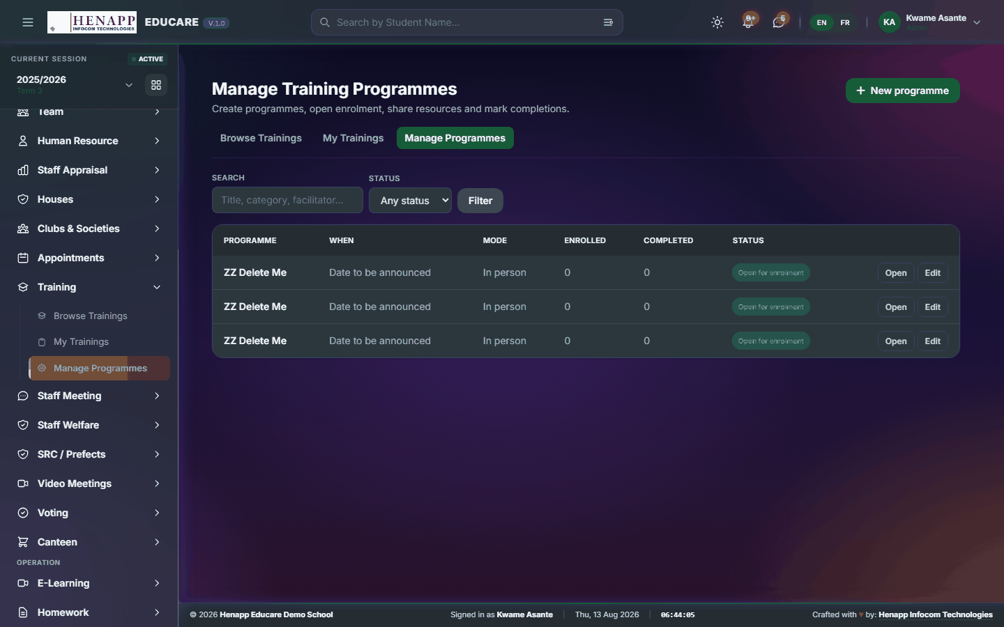Manage Programmes — Training