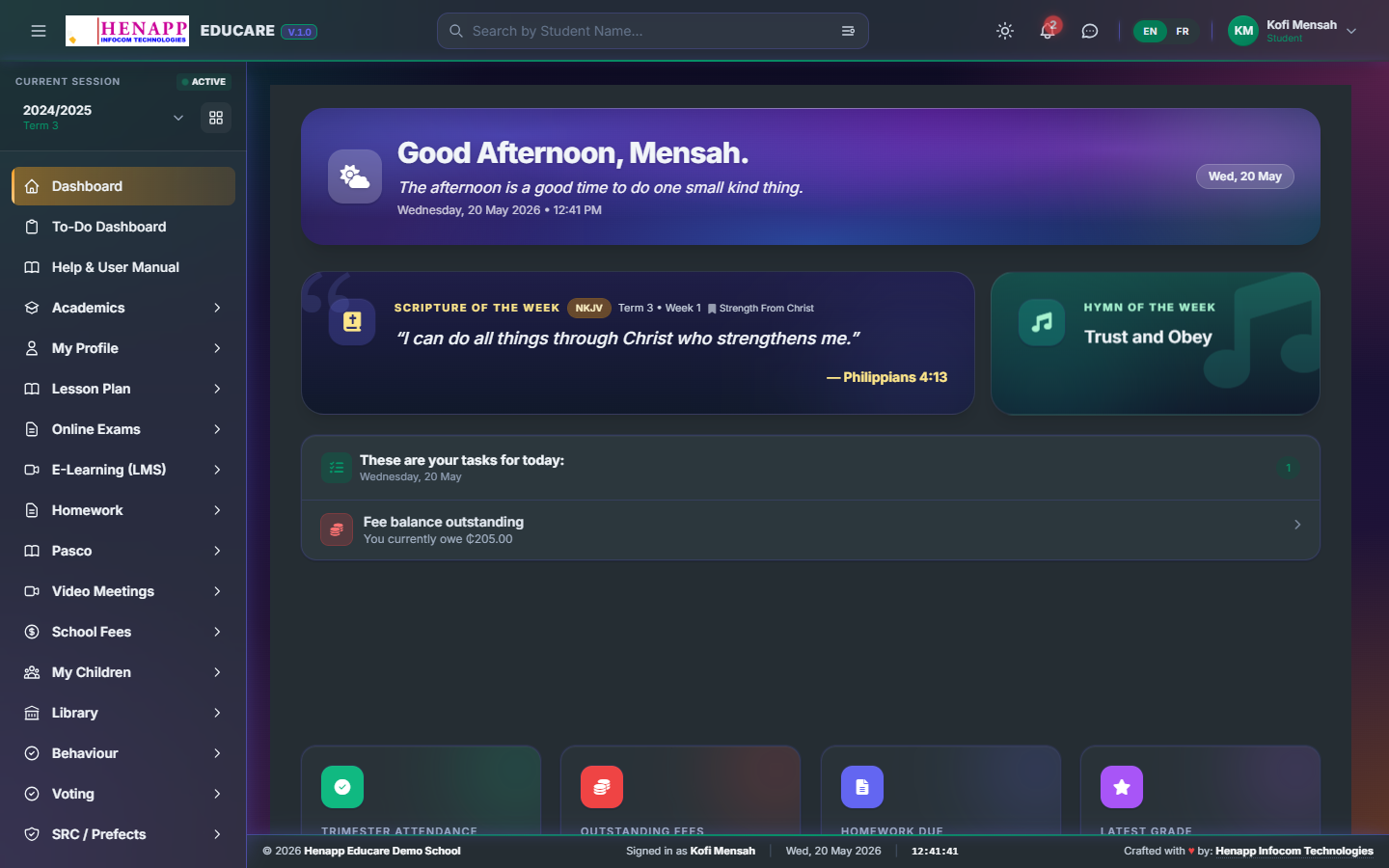 Your Student dashboard.